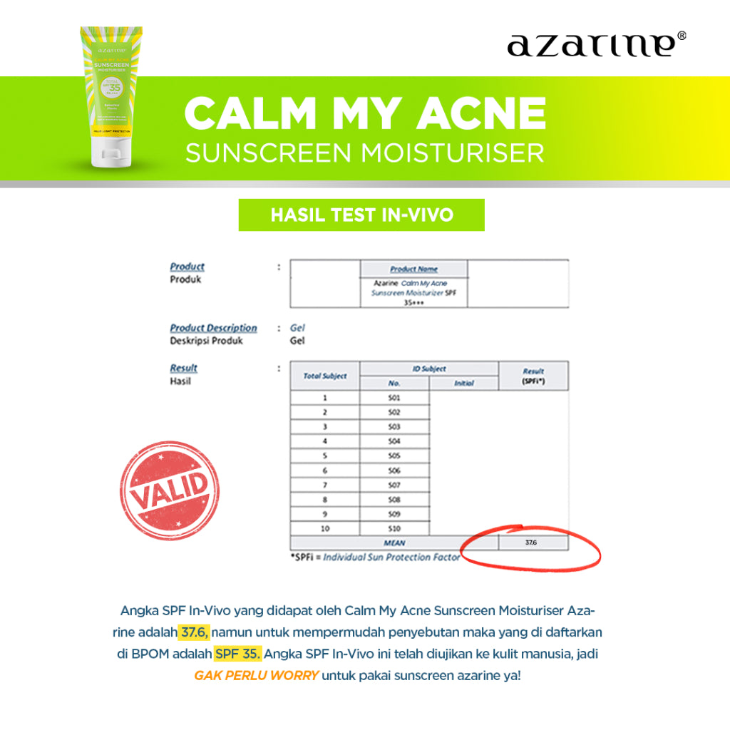 Azarine Calm My Acne Sunscreen Moisturiser SPF35 PA+++ [LOLOS UJI INVIVO INVITRO] Sunscreen Gel Untuk Kulit Berminyak Berjerawat Sensitif 40ml
