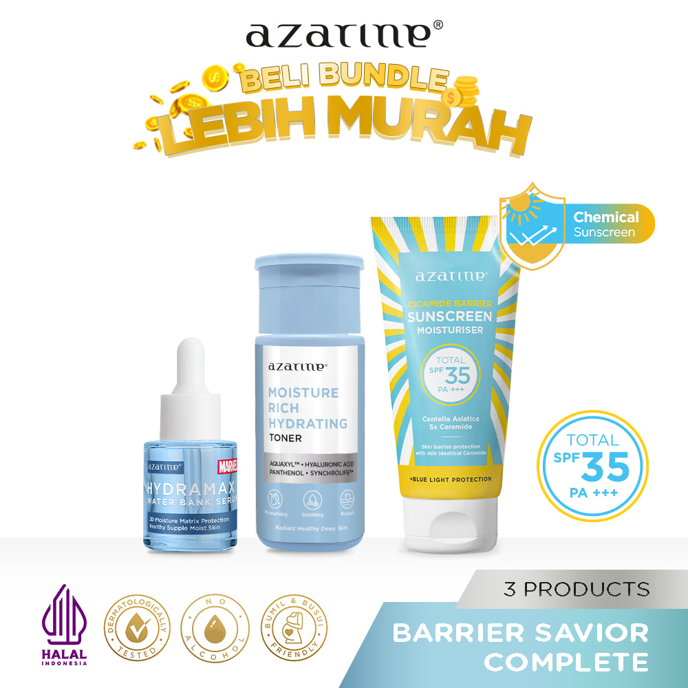 Azarine Basic Skincare Kit (Sunscreen + Toner + Serum) [3PCS] Paket TRIAL KIT KULIT KOMBINASI SENSITIF BERJERAWAT BERMINYAK KERING KUSAM KOMEDO