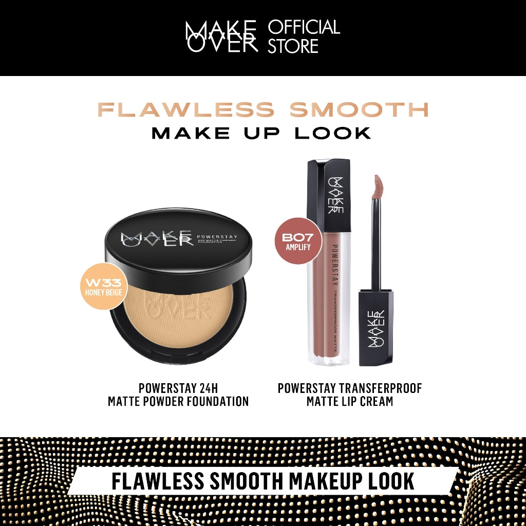 MAKE OVER Flawless Smooth Makeup Look - Powerstay 24H Matte Powder Foundation + Transferproof Matte Lip Cream - Paket Bedak Padat dan Lipcream Tahan Lama Ringan