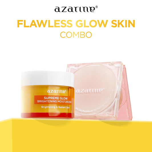 Azarine Flawless Glow Skin Combo [2 pcs] Paket Supreme Glow Moisturizer Mencerahkan Powder Foundation TWC Buildable Coverage with Instant Pore Blurring Effect and Glow Finish