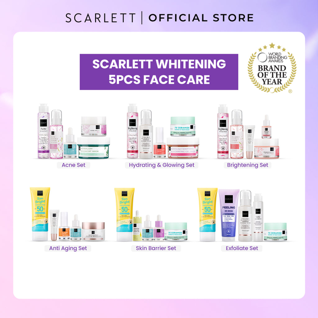 Scarlett Whitening 5pcs ( acne set, hydrating & glowing set, brightening set, anti aging set, skin barrier set, exfoliate set ) Mencerahkan Melembabkan