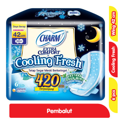Charm Cooling Fresh Pembalut Wanita Wing Malam Ekstrak Daun Mint 42 cm 6 pcs