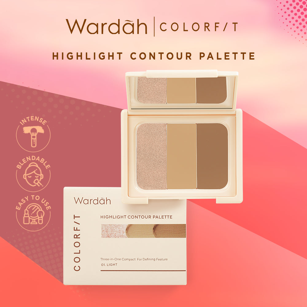 WARDAH Colorfit Highlight Contour Palette - 3 in 1 Highlighter, Contour, Concealer yang Pigmented, Blendable, Mudah Digunakan - Tahan Lama Hingga 10 Jam - Makeup