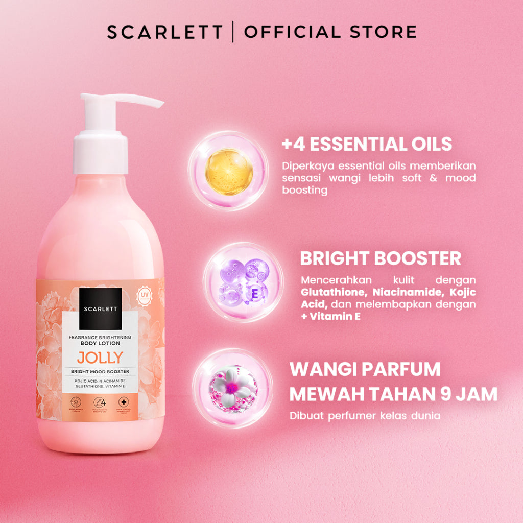 SCARLETT Fragrance Brightening Body Lotion Bright Mood Booster 300ml +4 Essential Oils 3X  Brightening Power | Solusi Untuk Kulit Kering | Menenangkan, Mencerahkan Kulit, Wangi Tahan Seharian
