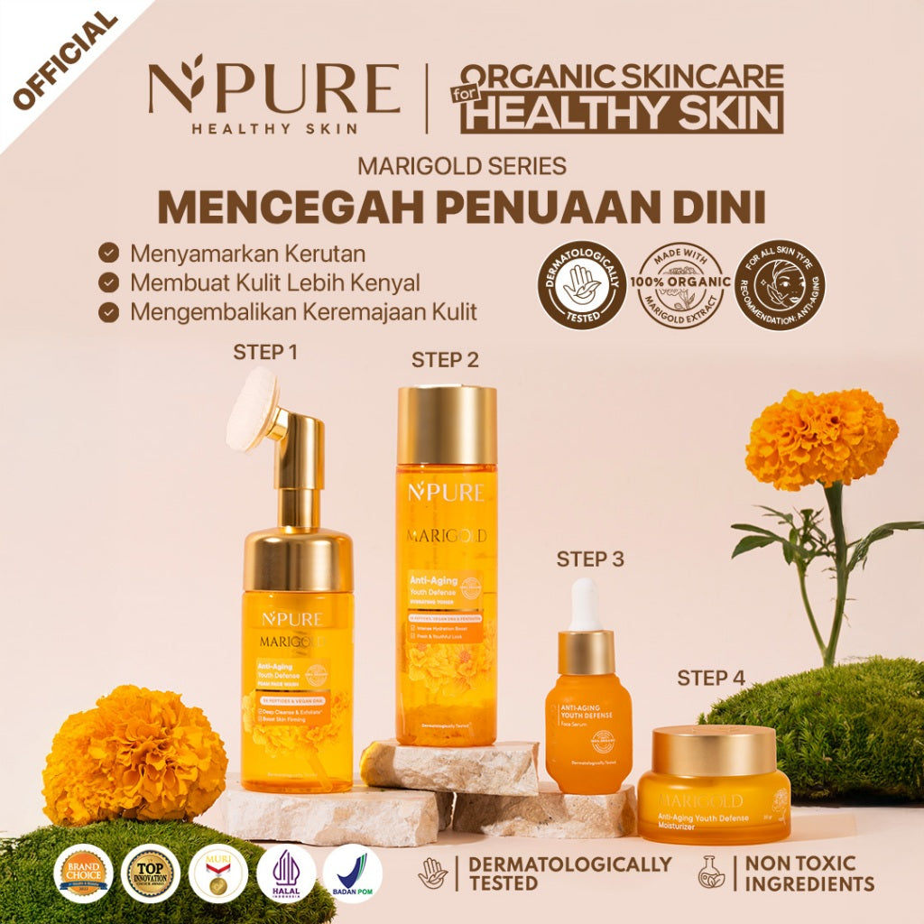 PAKET 4PCS - NPURE Paket Face Wash + Toner + Serum + Moisturizer Cica Acne - Marigold Anti Aging - Noni Sensitive - Licorice Brightening and Glowing Cleanser Mencerahkan Gatal Wajah Treatment Facial Hydrating
