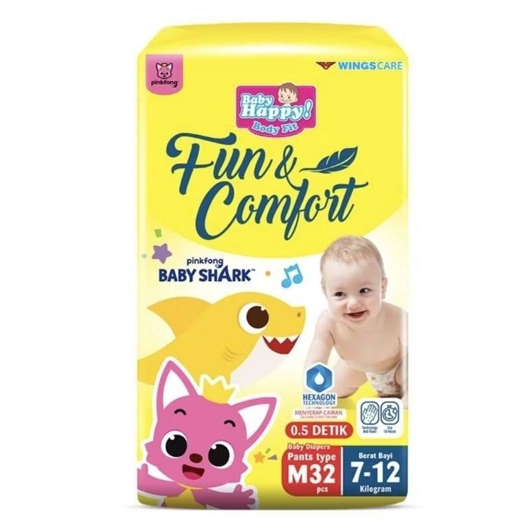 Baby Happy Fun & Comfort Pinkfong Baby Shark Popok Celana Bayi M 32 pcs