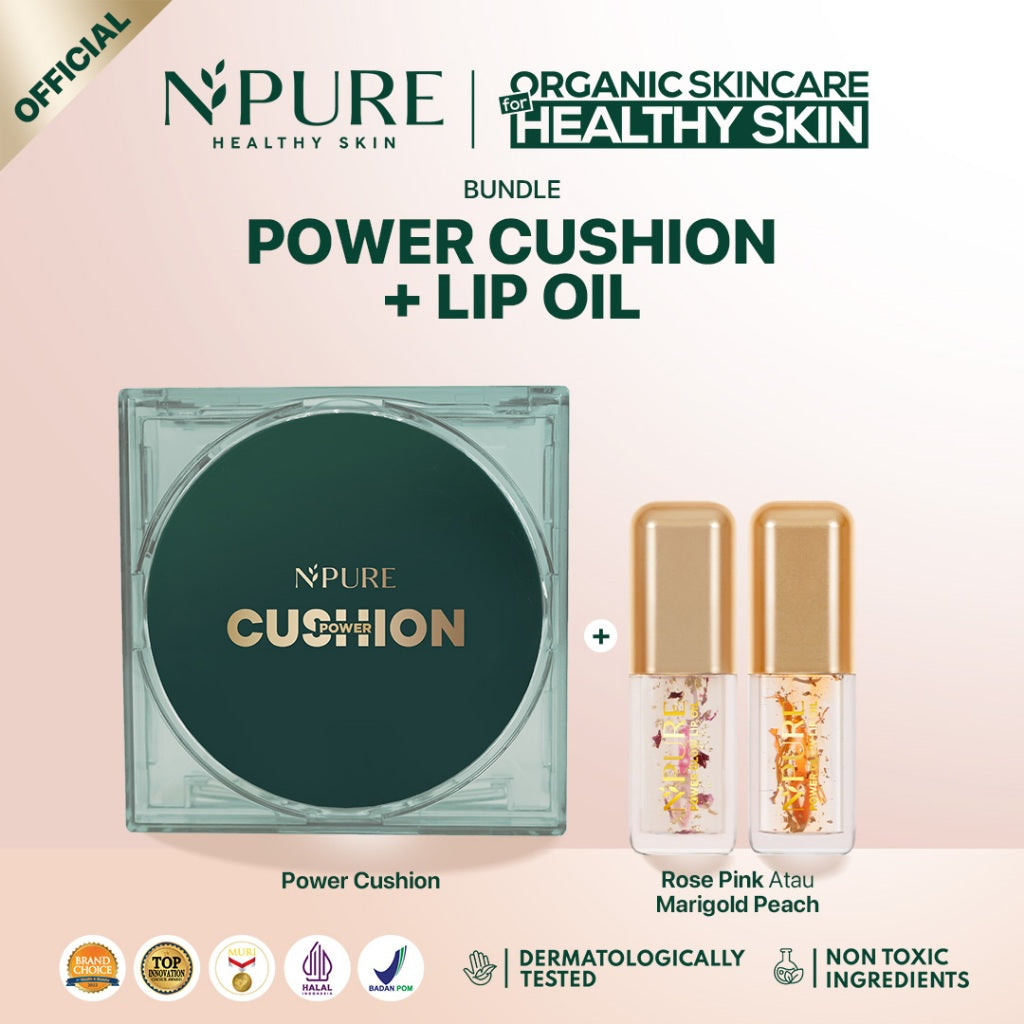 NEW BUNDLE - NPURE Centella Asiatica Flawless Matte Power Cushion + Power Glow Lip Oil Rose Pink Marigold Peach / Set Makeup / Daily Use / Makeup Harian / Makeup kulit Berjerawat / Makeup Bibir Kering