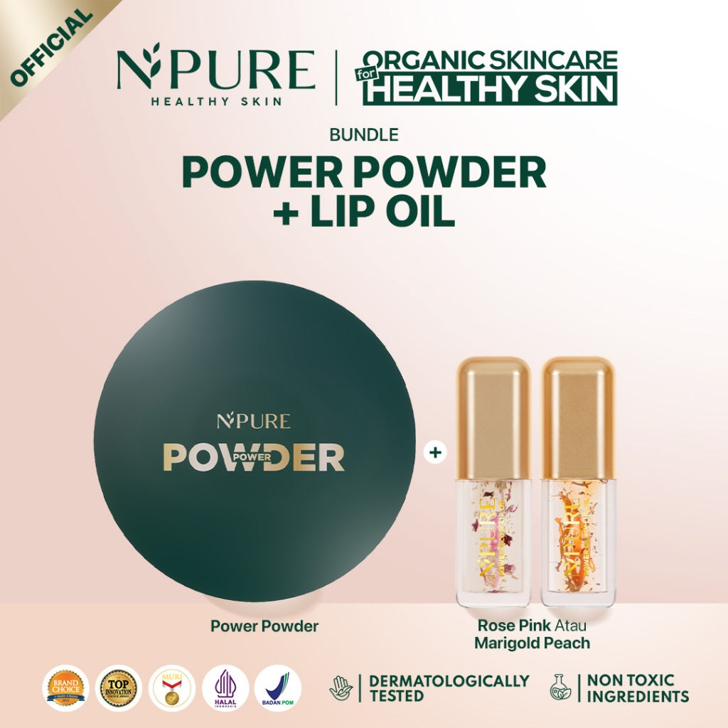 NEW BUNDLE - NPURE Acne Power Cover Power Powder + Power Glow Lip Oil / Set Makeup / Daily Use / Makeup Harian / Makeup Lebaran / Untuk Semua Jenis Kulit
