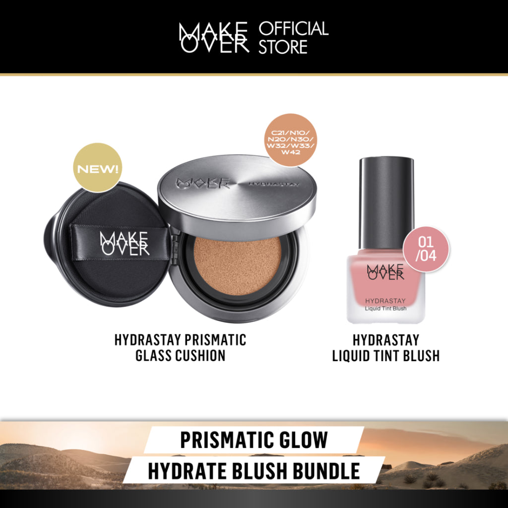 MAKE OVER Prismatic Glow Hydrate Blush Bundle: Hydrastay Prismatic Glass Cushion + Hydrastay Liquid Tint Blush - Paket Cushion Glow Blush On Tahan Lama Flawless Baru CreamBlush