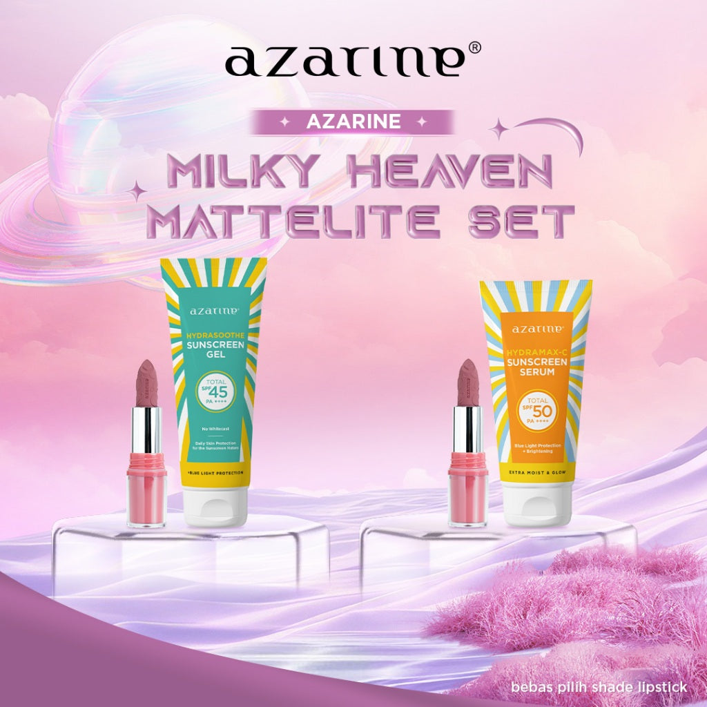 Azarine Milky Heaven Mattelite Set [2 PCS] Lipstick Matte Transferproof Smudgeproof Tahan Lama + Sunscreen BEST SELLER SPF 45+++ Untuk Semua Jenis Kulit
