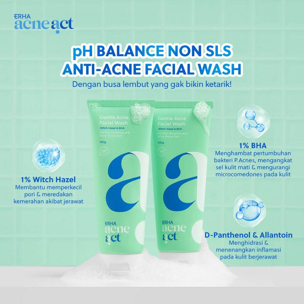 ERHA Acneact Low Ph Gentle Facial Wash 100g - Sabun Wajah Jerawat Kulit Sensitif  Ph Balance Low ph