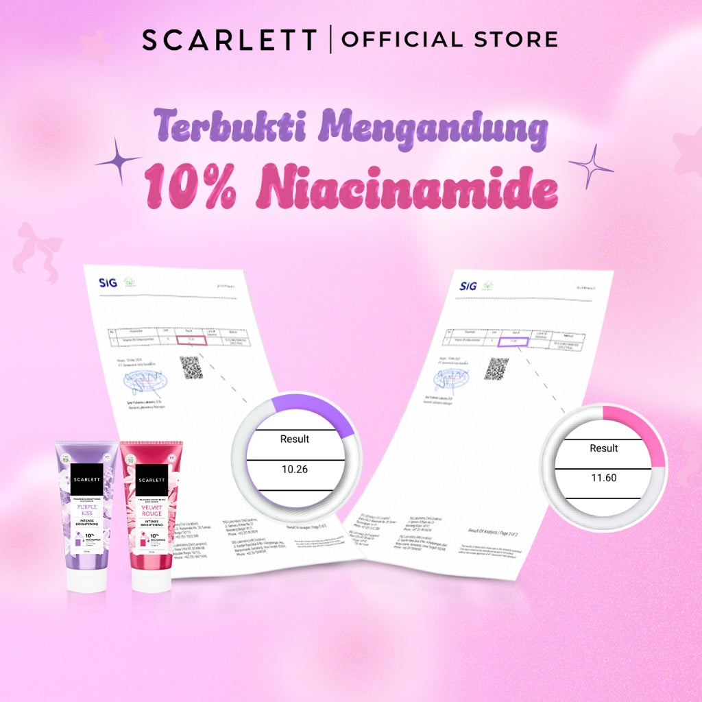 SCARLETT 10% NIACINAMIDE Fragrance Brightening Body Serum 170ml - Velvet Rouge & Purple Kiss | Intence Mencerahkan Melembabkan Meratakan Warna Kulit, Kulit Cerah Lembab Sehat dan Wangi Mewah Seharian | Solusi untuk Kulit Belang