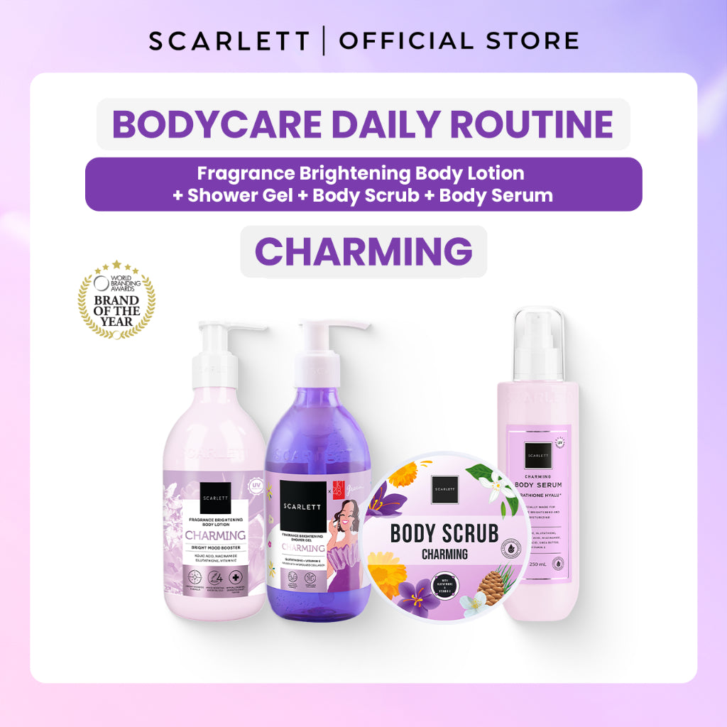 SCARLETT Top Picks Glow Body Care Series 5in1 Body Scrub + Shower Gel/Shower Scrub + Exfoliate + Body Serum + Body Lotion Paket Lengkap Fragrance Body Care | Aroma Wangi Mewah Tahan 12 Jam Mencerahkan Melembabkan Menutrisi Kulit
