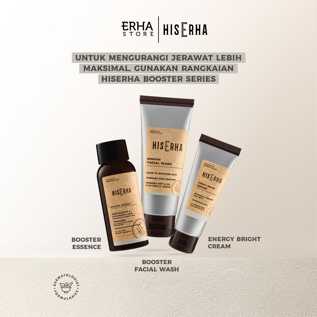 HIS ERHA Booster Essence All In One 60ml - Serum Wajah Pria untuk Mencerahkan, Angkat Kusam, Melembapkan, Meratakan Warna Kulit, Wangi Segar Maskulin, Verified by Dermatologist, Niacinamide, Hyaluronic Acid, Trehalose