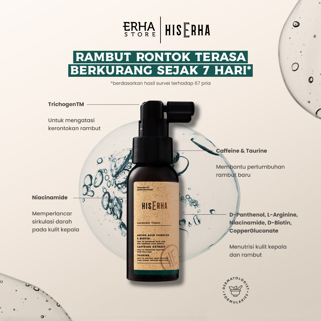 HIS ERHA Bundle Hairgro Series Shampoo 270ml + Tonic 60ml - Kombinasi Perawatan Rambut Rontok, Cegah Kebotakan,  Rambut Lebih Tebal/Lebat Khusus Pria, Wangi Segar Maskulin, Verified by Dermatologist, Biotin, Caffeine Extract, Taurine, Menthol