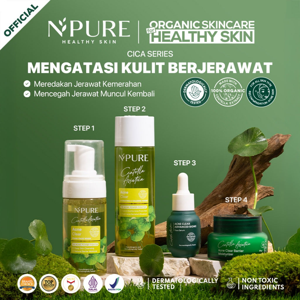 PAKET 4PCS - NPURE Paket Face Wash + Toner + Serum + Moisturizer Cica Acne - Marigold Anti Aging - Noni Sensitive - Licorice Brightening and Glowing Cleanser Mencerahkan Gatal Wajah Treatment Facial Hydrating