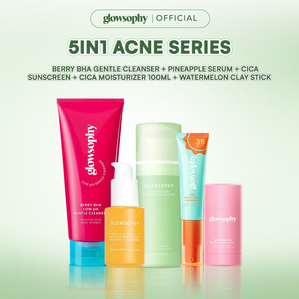 Glowsophy Bundle 5in1 Acne Series Cica Pathenol Moisturizer 100ml + Cica Daily Light Sunscreen + Berry BHA Gentle Cleanser + Watermelon Clay Stick + Pineapple Serum