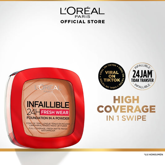 L'Oreal Paris Infallible 24h Fresh Wear Powder Foundation High Coverage, Fresh and Matte Finish Makeup - 9gr (Bedak Matte Tahan 24 Jam)