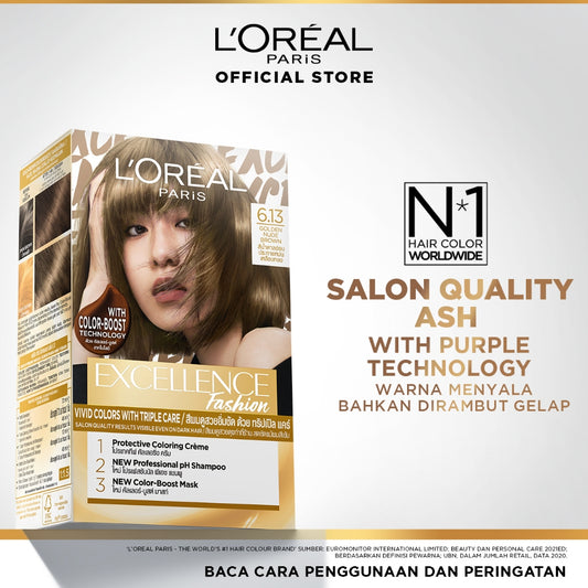 L'Oreal Paris Excellence Fashion Sparkling Visible Hair Color 6.13 Golden Nude Brown - Cat Rambut Pewarna Rambut Permanen dengan Color Boost Technology 6.13 Golden Nude Brown Hair Color Rambut Berwarna  Pewarna rambut
