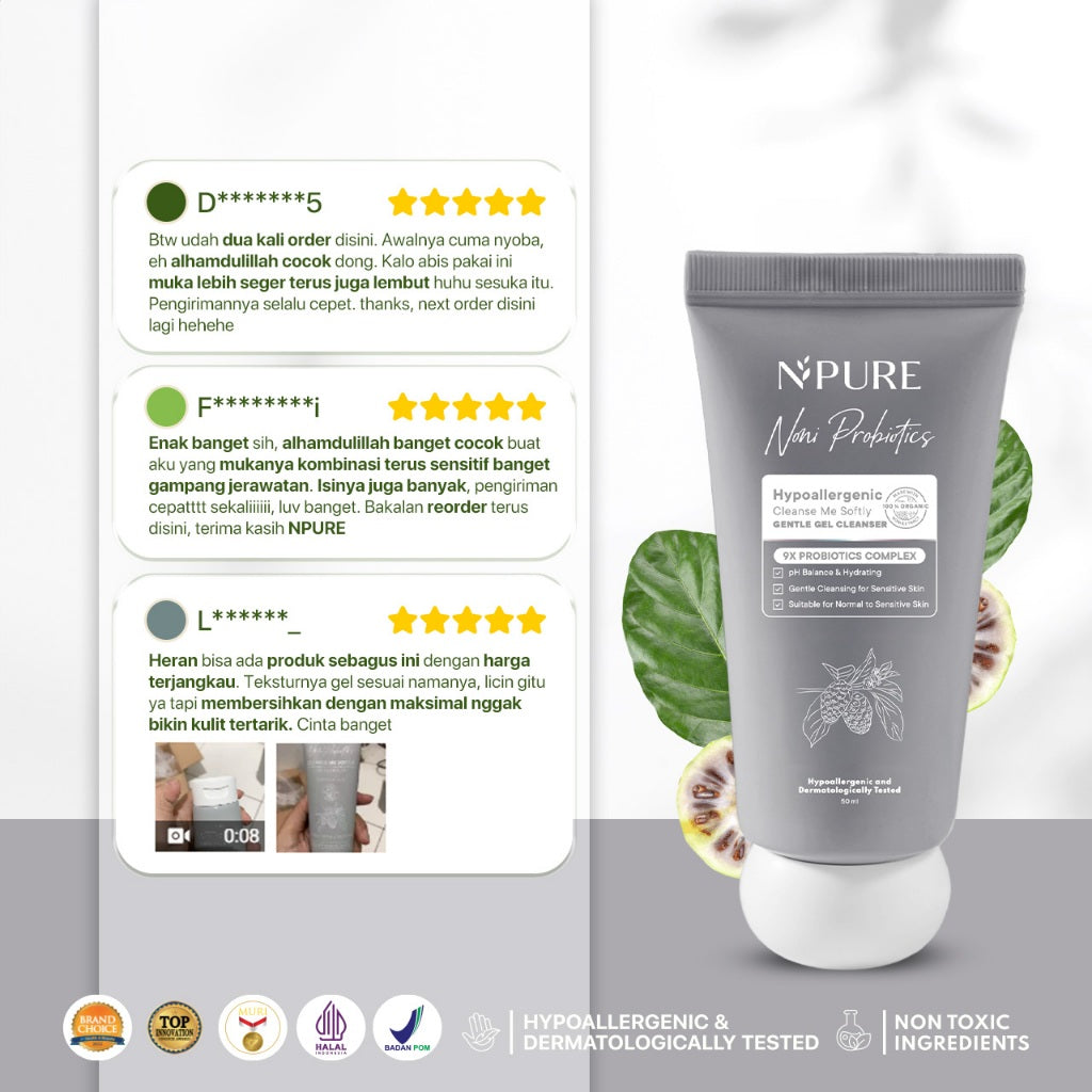 3 PCS - 50ML GEL CLEANSER NPURE NONI PROBIOTICS "CLEANSE ME SOFTLY" Ceramide Extract Kering Kotoran Membersihkan Wajah