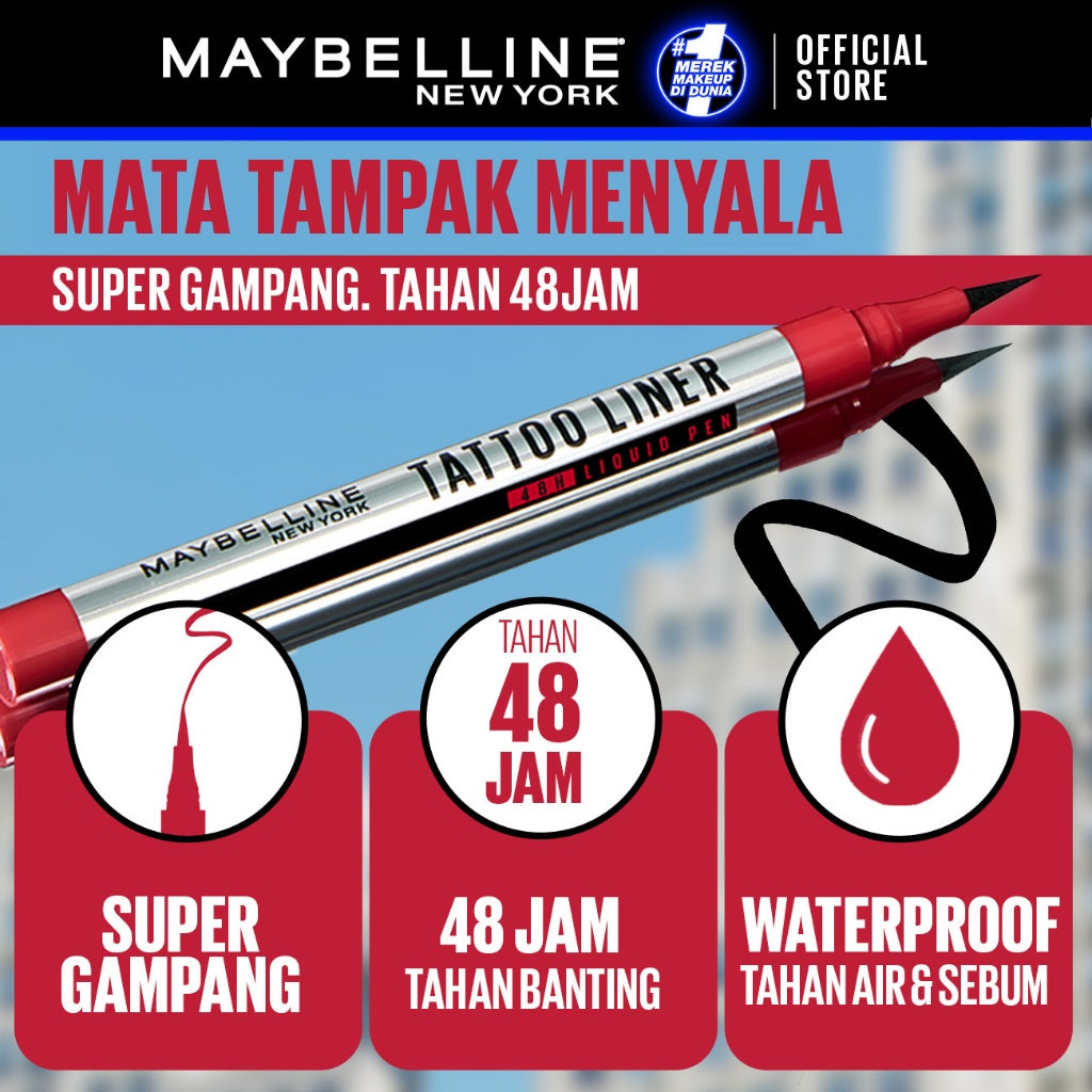 MAYBELLINE OFFICIAL Tattoo Liner 48H Liquid Pen Eyeliner Waterproof Make up Line Tattoo High Impact Tahan Lama 48 Jam Hitam Superstay Matte Vinyl Ink