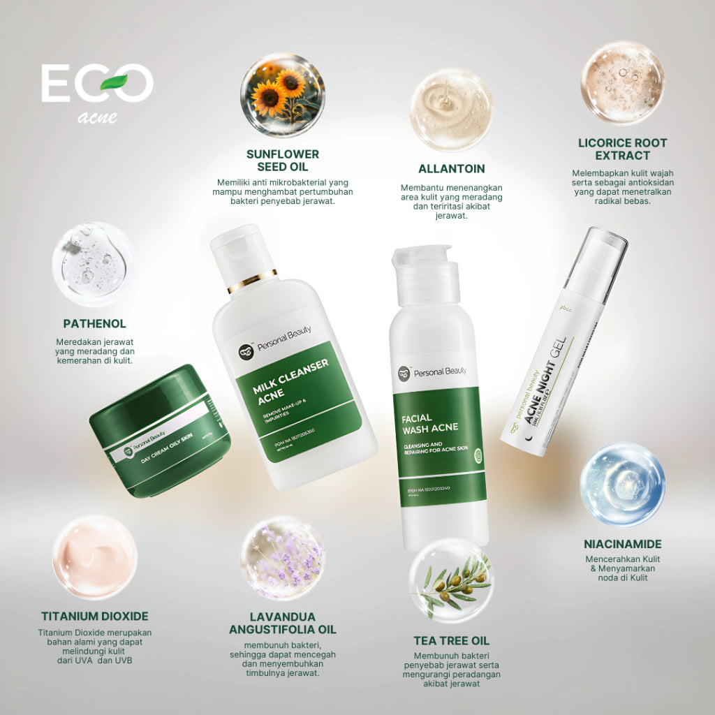 PERSONAL BEAUTY Skincare Set ECO Acne | Perawatan Wajah Berjerawat & Beruntusan - (Tea Tree Oil, Aloe Vera, Niacinamide, Salicylic Acid, Oil Control, Bekas Jerawat)