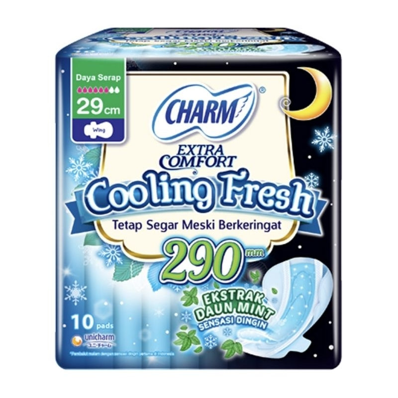 Charm Cooling Fresh Pembalut Wanita Wing Malam Ekstrak Daun Mint 29 cm 10 pcs