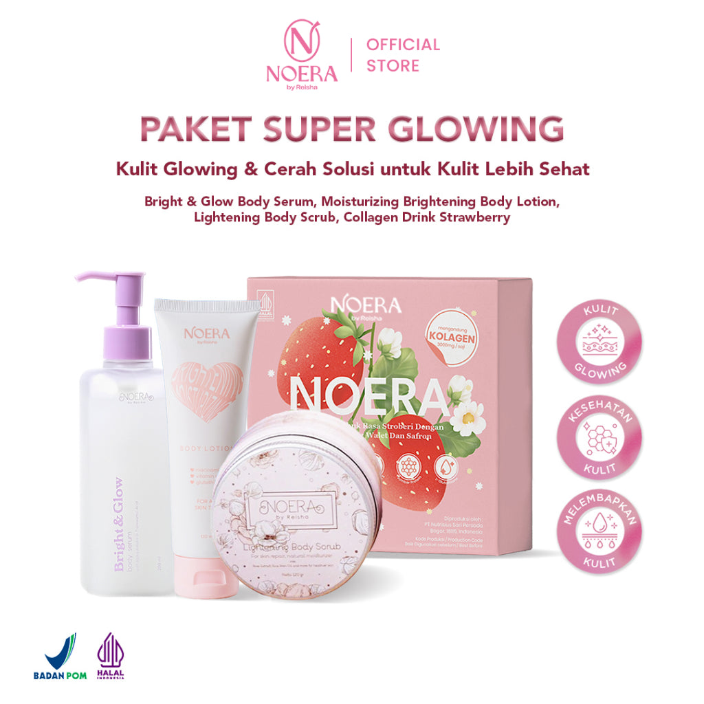 Noera Paket Super Glowing | Collagen Drink Improved Formula + Moisturizing Brightening Body Lotion + Lightening Body Scrub + Bright & Glow Body Serum
