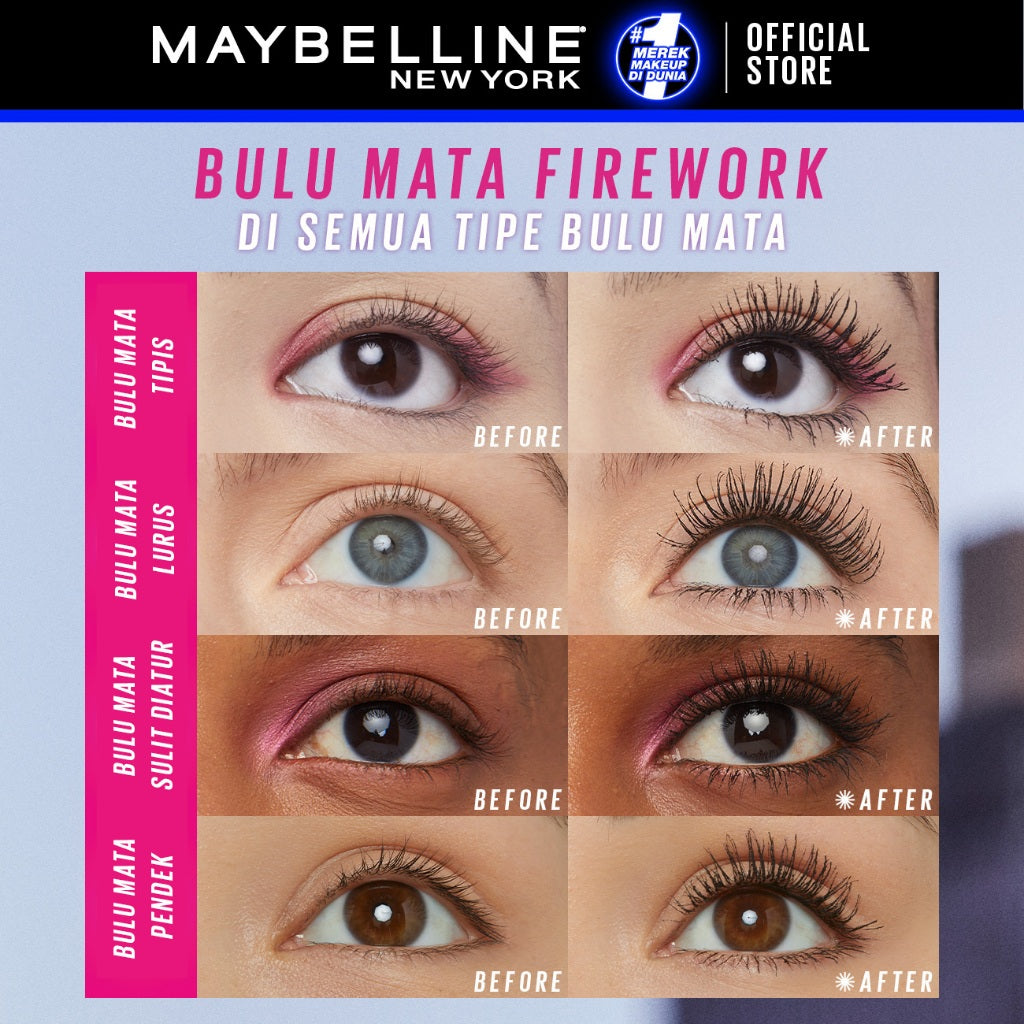 MAYBELLINE OFFICIAL Firework Waterproof Mascara 6ml - Bulu Mata Mekar Tahan 24 Jam Dramatis Maskara Eye Make up Black Tanpa Gumpal Panjang no clump volume lash lift bulu mata palsu