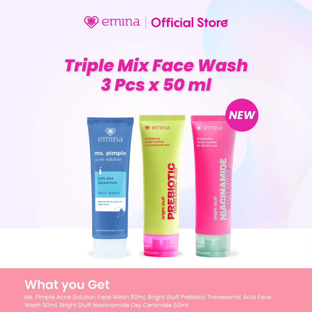 Triple Pack Emina Bright Stuff Niacinamide & Emina Prebiotic Tranexamic Acid Face Wash for Acne Prone Skin - Sabun Muka Cerah, Glowing, Perbaiki Skin Barrier, Mengontrol Minyak, Lembab Tanpa Ketarik, Anti Kusam, Cocok untuk semua jenis kulit