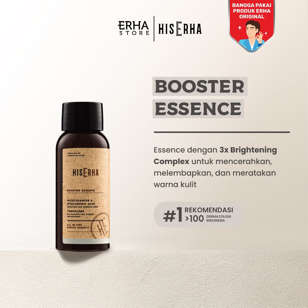 HIS ERHA Booster Essence All In One 60ml - Serum Wajah Pria untuk Mencerahkan, Angkat Kusam, Melembapkan, Meratakan Warna Kulit, Wangi Segar Maskulin, Verified by Dermatologist, Niacinamide, Hyaluronic Acid, Trehalose