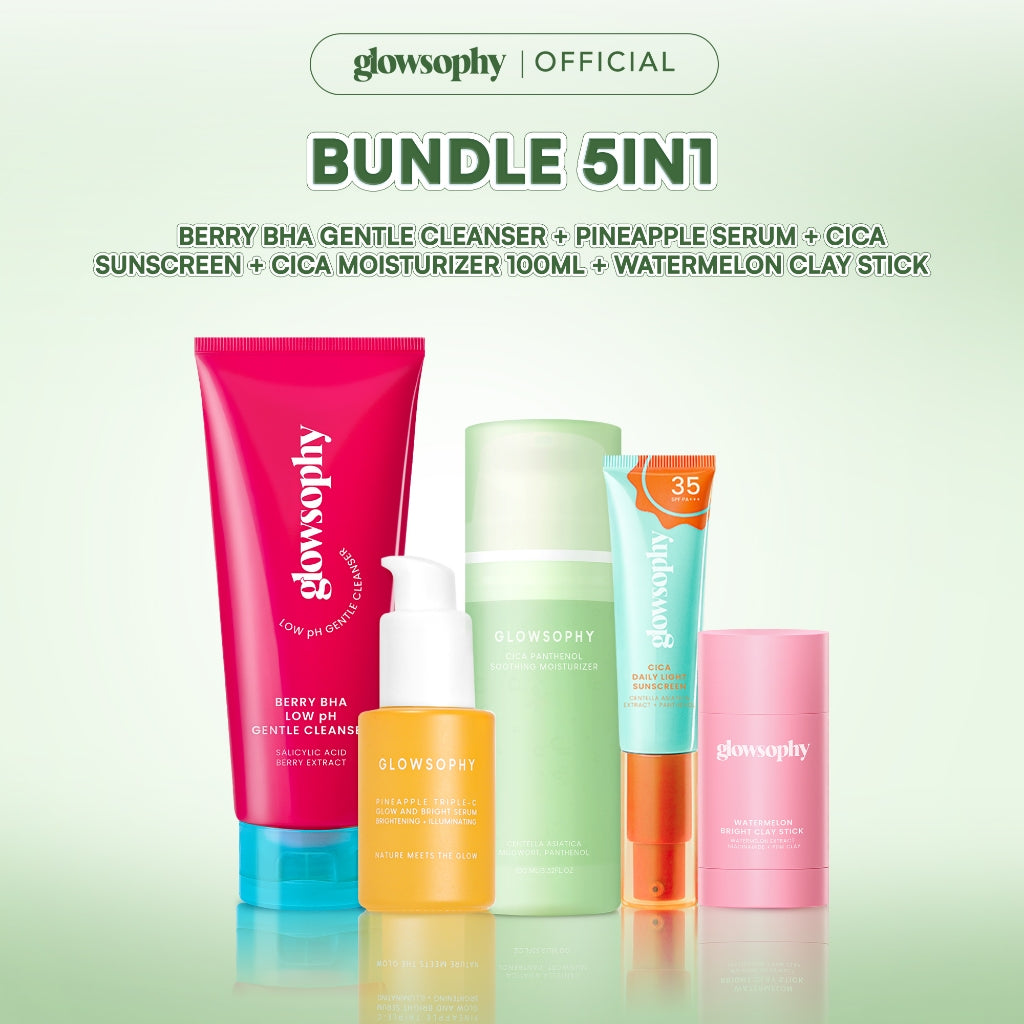 Glowsophy Bundle 5in1 Acne Series Cica Pathenol Moisturizer 100ml + Cica Daily Light Sunscreen + Berry BHA Gentle Cleanser + Watermelon Clay Stick + Pineapple Serum