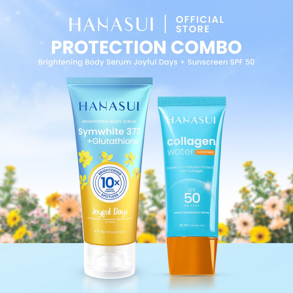Hanasui Brightening & Protection Combo - Brigthening Body Serum Sunscreen SPF 50 Power Bright Expert Serum Mencerahkan Menenangkan dan Menghidrasi Kulit dengan kandungan Niacinamide Symwhite377 dan Vitamin E