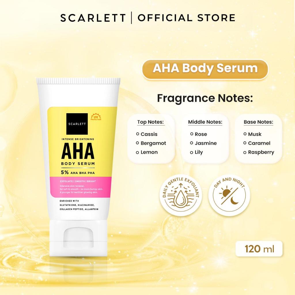 Scarlett AHA Combo Care - Bundle AHA Body Serum (Shower Gel, Ultra Light Daily Sunscreen, Aqua Gel Moisturizer) Untuk Kulit cerah, lembut, dan terlindungi setiap hari