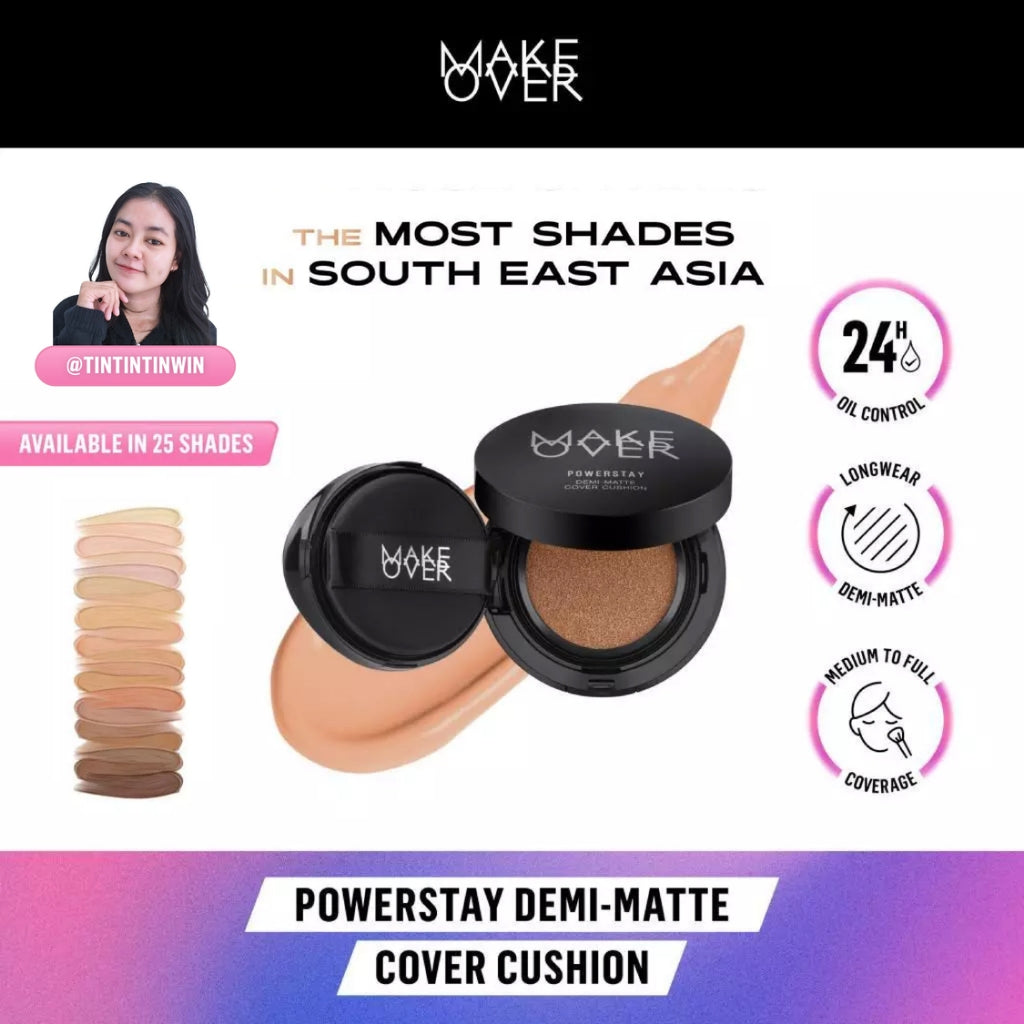 [TINTINTINWIN'S PICKS] MAKE OVER Powerstay Demi-Matte Cover Cushion - Cushion Matte High Coverage Foundation Compact Ringan Oil Control Make Up Wajah Tahan Lama 24 Jam Non-Comedogenic BEST SELLER Concealer Make Up