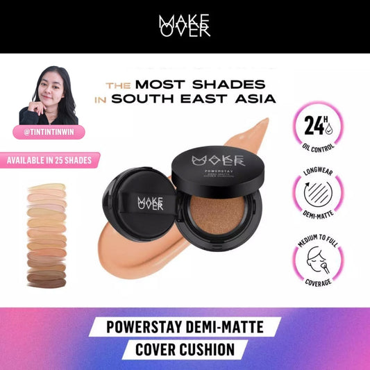 [TINTINTINWIN'S PICKS] MAKE OVER Powerstay Demi-Matte Cover Cushion - Cushion Matte High Coverage Foundation Compact Ringan Oil Control Make Up Wajah Tahan Lama 24 Jam Non-Comedogenic BEST SELLER Concealer Make Up