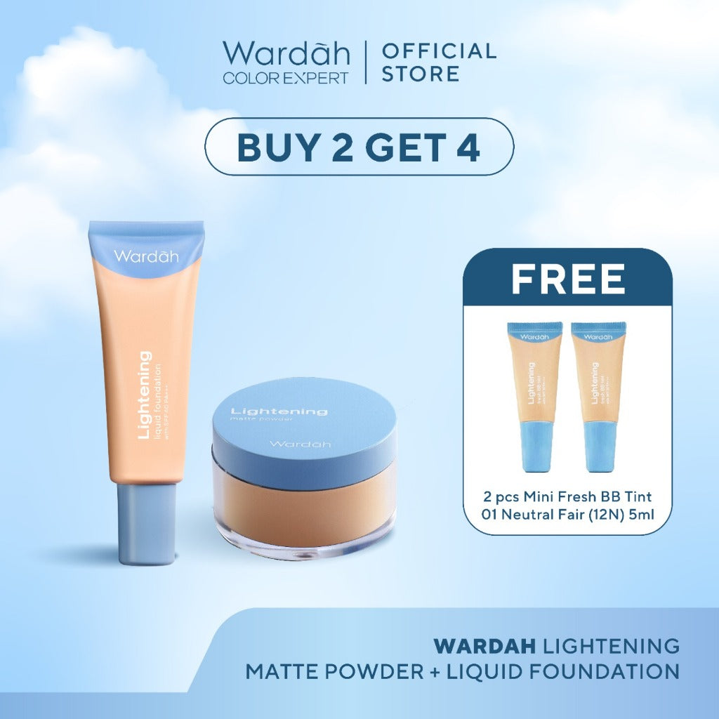 [BUNDLE] Wardah Paket Lightening Paket Matte Powder 02 20 g Liquid Foundation 02 25 ml Mencerahkan dan Meratakan Warna Kulit Untuk Hasil yang Natural - Makeup