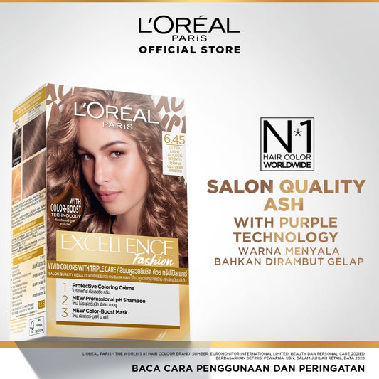 L'Oreal Paris Excellence Fashion Ultra Light Advance Ultra Care Hair Color 6.45 Ultra Light Golden Brown  - Cat Rambut Pewarna Rambut Permanen dengan Color Boost Technology 6.45 Ultra Light Golden Brown Hair Color Rambut Berwarna