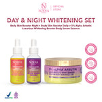 Noera Paket Day & Night Whitening Booster | 5% ALPHA ARBUTIN Luxurious Whitening Booster Body Serum Essence + Body Skin Booster Daily & Night