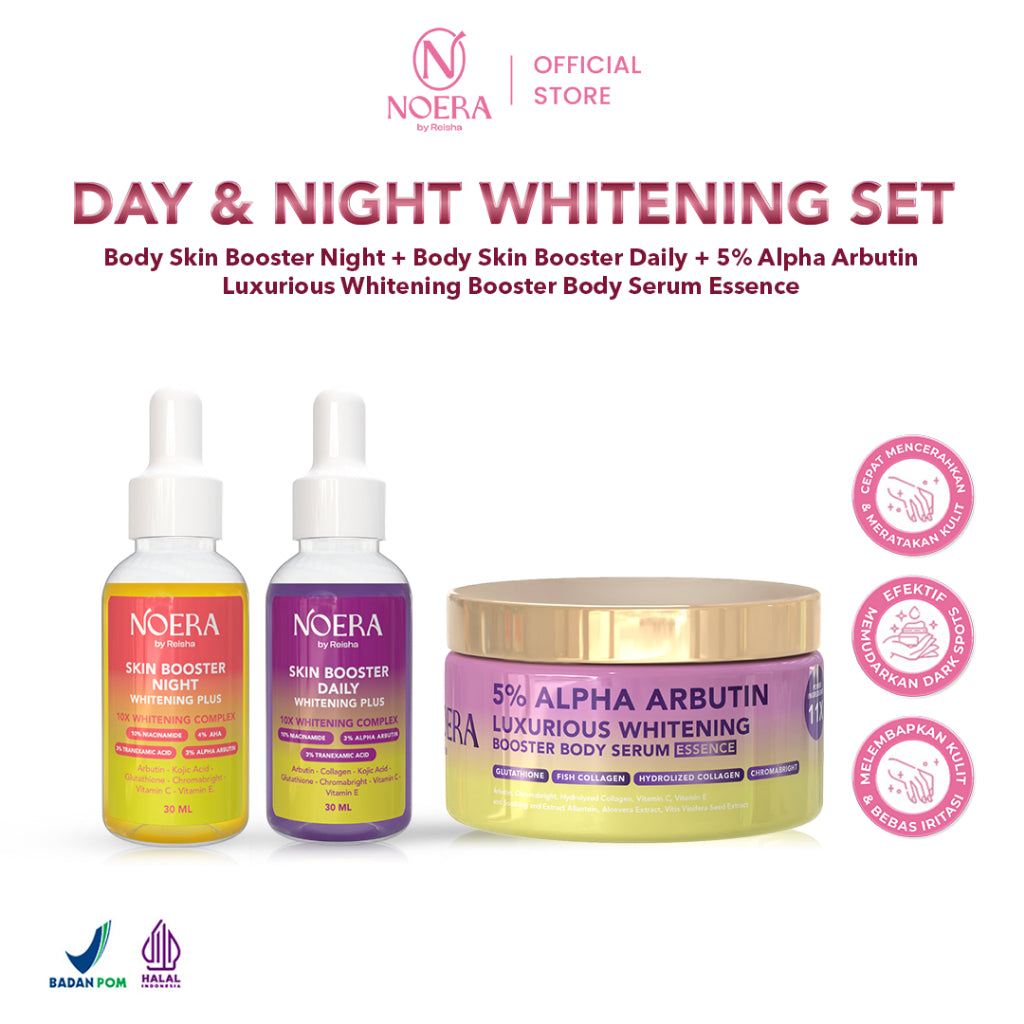 Noera Paket Day & Night Whitening Booster | 5% ALPHA ARBUTIN Luxurious Whitening Booster Body Serum Essence + Body Skin Booster Daily & Night