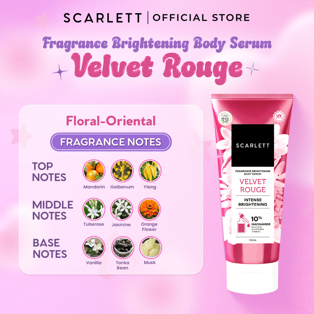SCARLETT 10% NIACINAMIDE Fragrance Brightening Body Serum 170ml - Velvet Rouge & Purple Kiss | Intence Mencerahkan Melembabkan Meratakan Warna Kulit, Kulit Cerah Lembab Sehat dan Wangi Mewah Seharian | Solusi untuk Kulit Belang