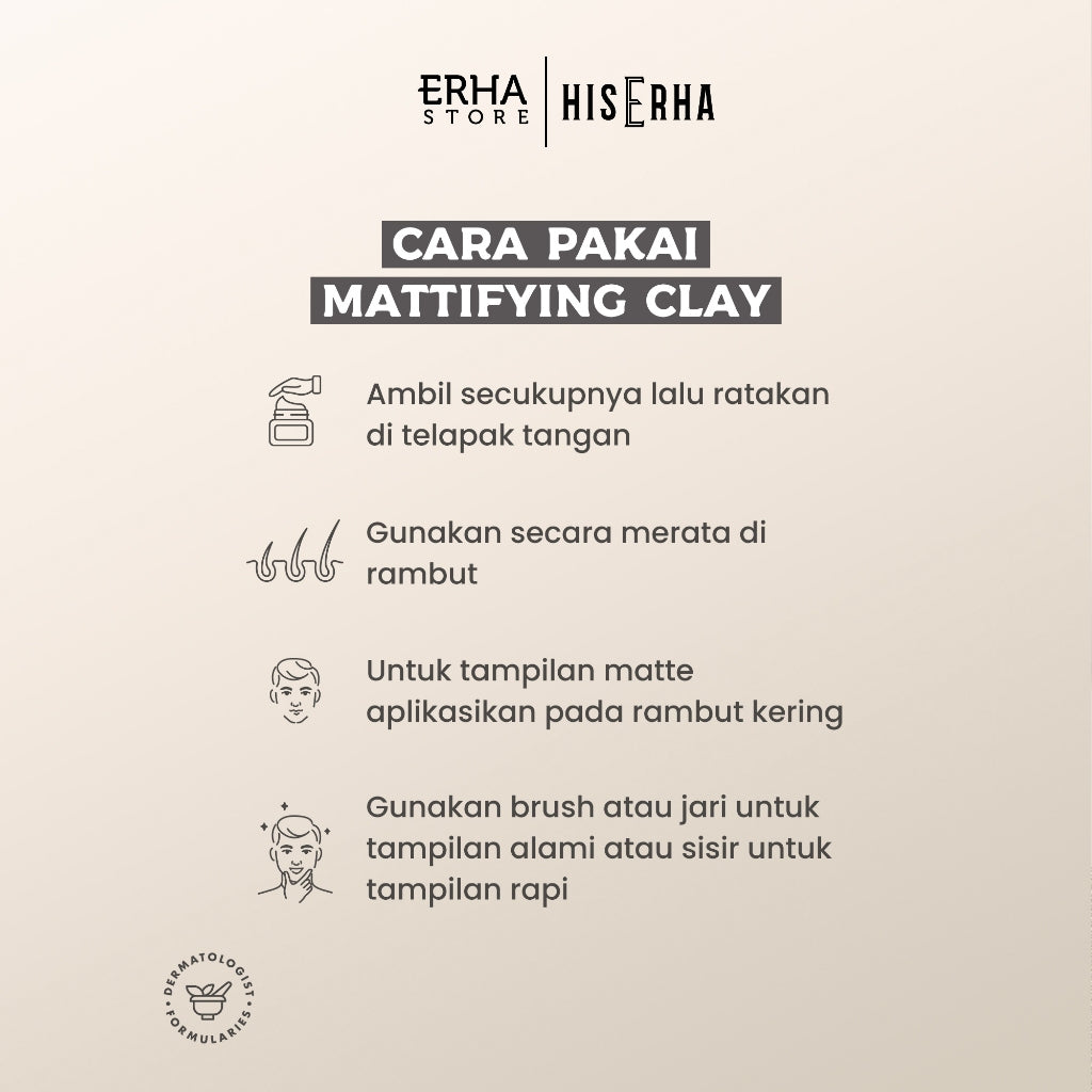 HIS ERHA Mattifying Clay 35g - Hair Styling Pria Untuk Hasil Matte, Bertekstur, Strong Hold, Aman & Tidak Menyebabkan Jerawat & Komedo, Wangi Segar Maskulin, Verified by Dermatologist, Bentone, Jojoba Oil, Argan Oil, Promois, Phytenso