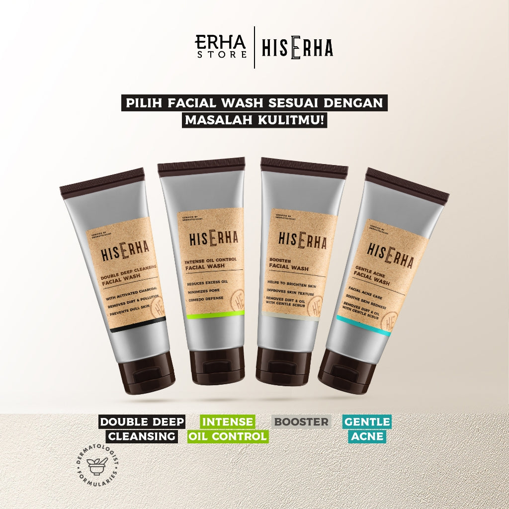 HIS ERHA Double Deep Cleansing Facial Wash 100gr - Sabun Cuci Muka Pria untuk Membersihkan Wajah Secara Mendalam, Angkat Kusam, Kotoran dan Polusi, Lembap, Tanpa Rasa Ketarik, Wangi Segar Maskulin, Verified by Dermatologist, Activated Charcoal, Kaolin