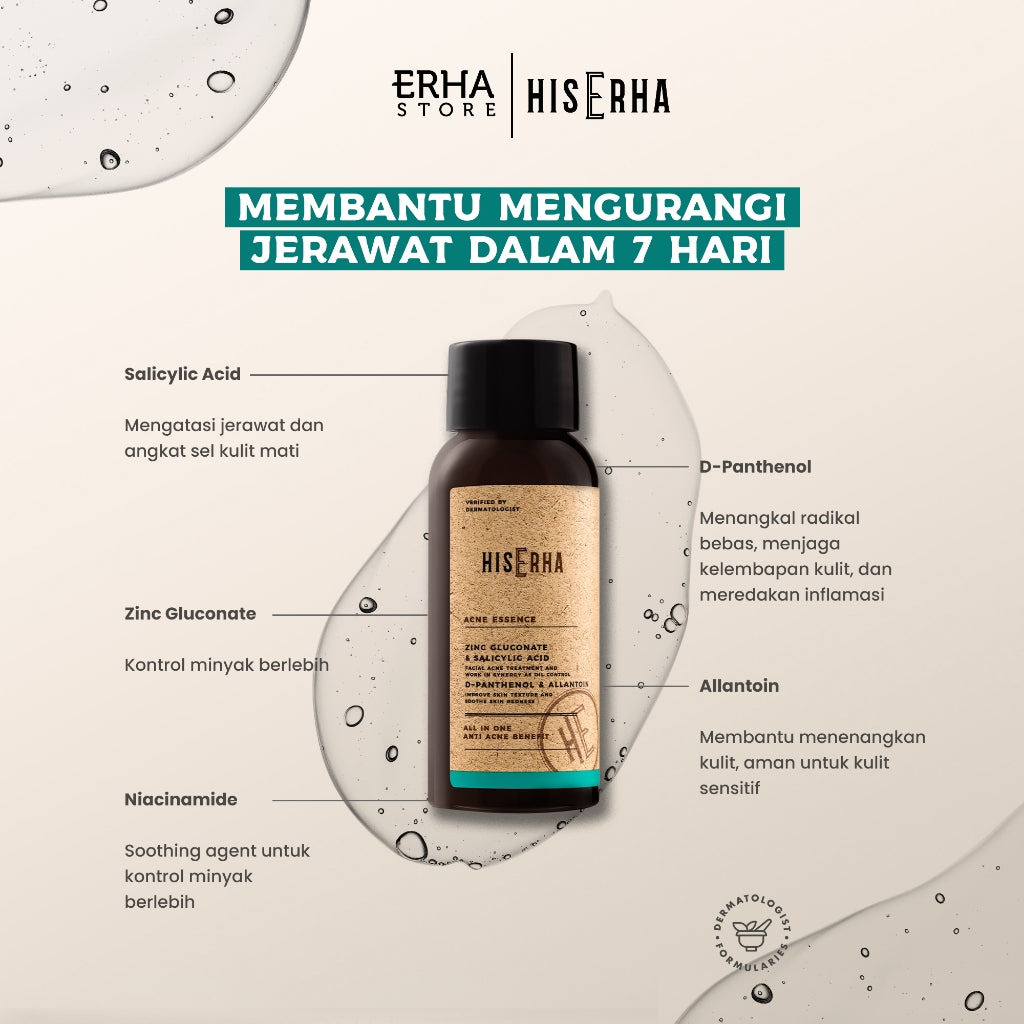 HIS ERHA Acne Essence All In One 60 ml - Serum Wajah Pria untuk Membantu Lawan Jerawat, Kontrol Minyak Berlebih, Wangi Segar Maskulin, Verified by Dermatologist, Zinc Gluconate, Salicylic Acid, Niacinamide, D-Panthenol, Allantoin