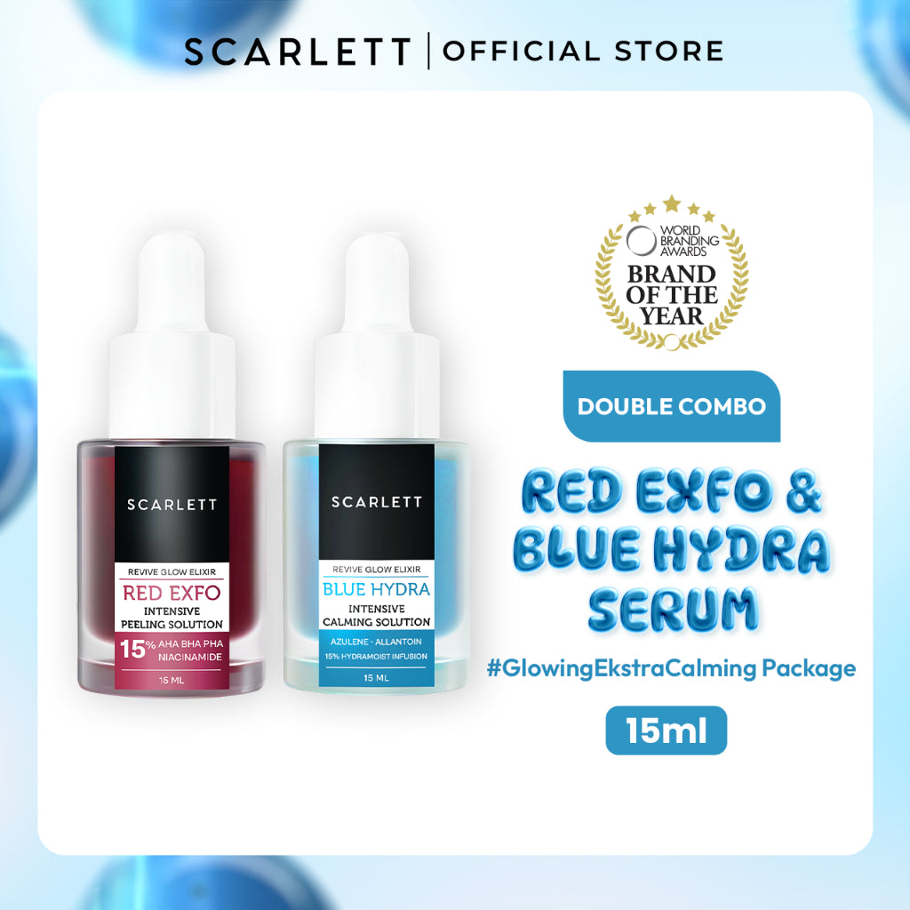 [NEW LAUNCH] Scarlett 2pcs Bundle Red Exfo Peeling Serum dan Blue Hydra Calming Serum Combo Mencerahkan, Membuat Kulit Glowing, Calming, Plumpy dengan 15% AHA BHA PHA dan Azulene Allantoin
