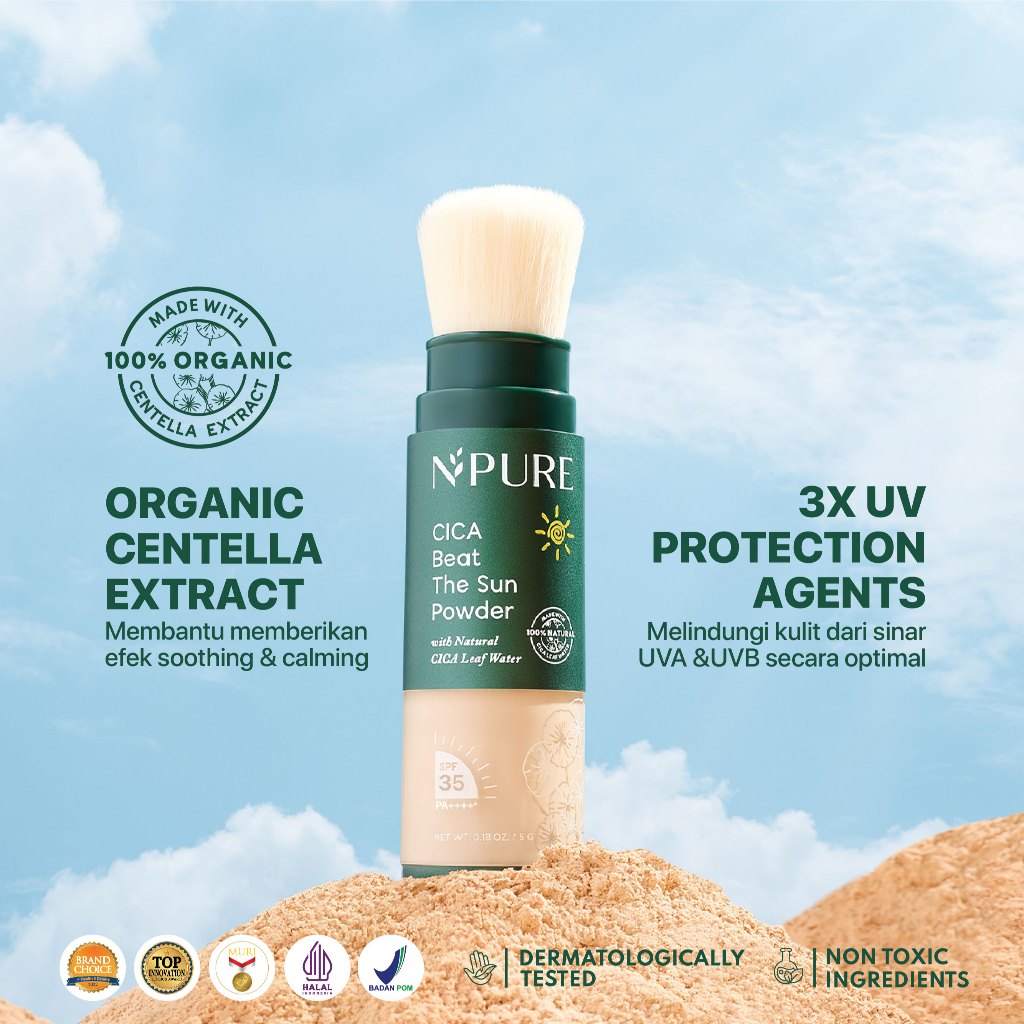 SUNSCREEN POWDER - NPURE Sunscreen Powder Cica SPF 35 PA++++ / Beat the Sun Powder / Sunscreen Bedak & Brush / Bedak Bebas Kilap Minyak