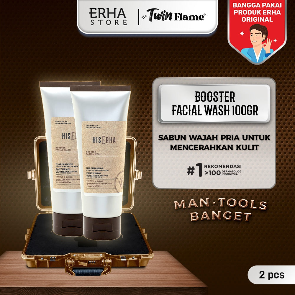 HIS ERHA Brightening Booster Facial Wash 100G (2pcs) - Sabun Cuci Muka Pria untuk Mencerahkan wajah, Angkat Kulit Kusam, Lembap, Tanpa Rasa Ketarik, Tanpa Iritasi, Wangi Segar Maskulin, Verified by Dermatologist, 4% Niacinamide & Sferis Gentle Scrub