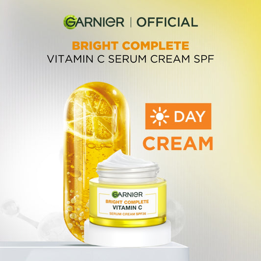 GARNIER Bright Complete Vitamin C Brightening Serum Day Cream Krim Mencerahkan SPF 36 PA +++ 50 ml Moisturizer Tone Up Glowing Skincare - Krim Siang pelembab wajah pemutih wajah