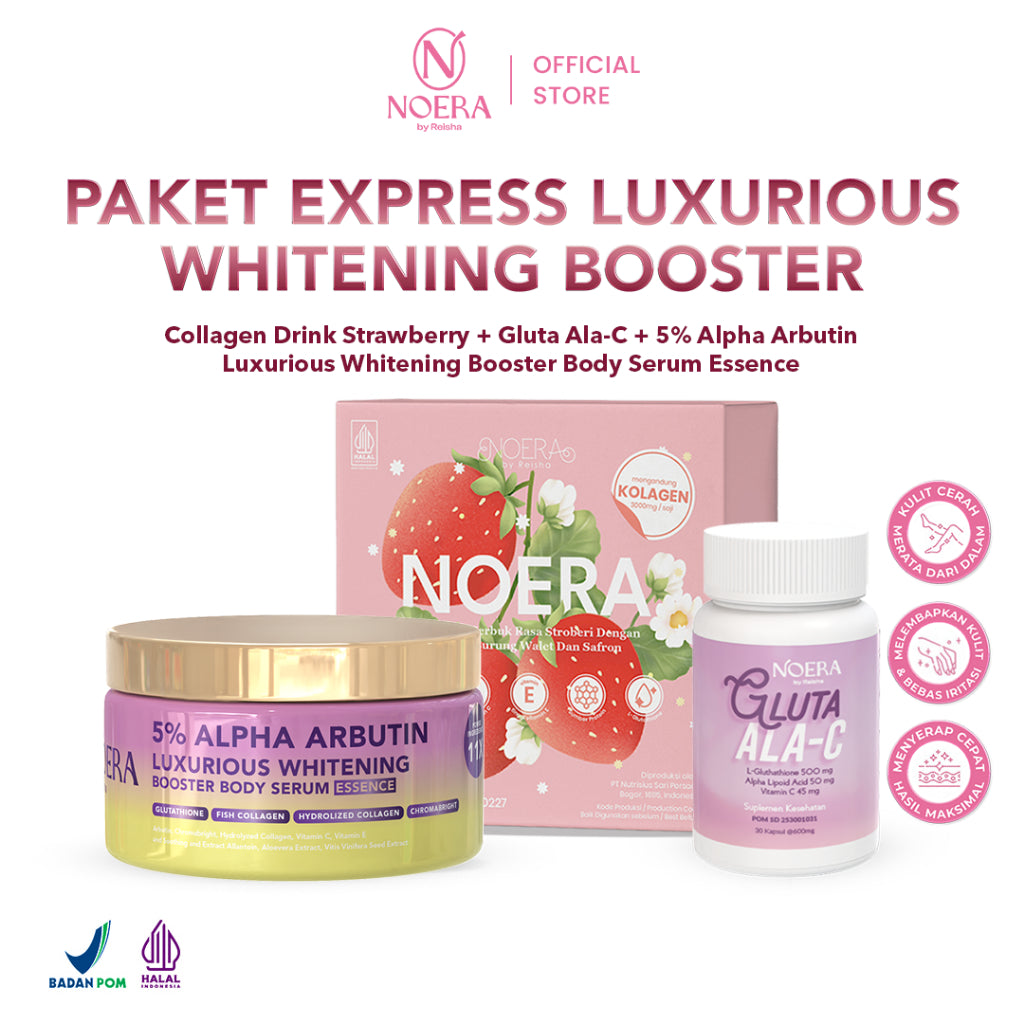 Noera Paket Express Luxurious Whitening Booster | Gluta ALA-C, Collagen Drink Improved Formula, & 5% ALPHA ARBUTIN Luxurious Whitening Booster Body Serum Essence