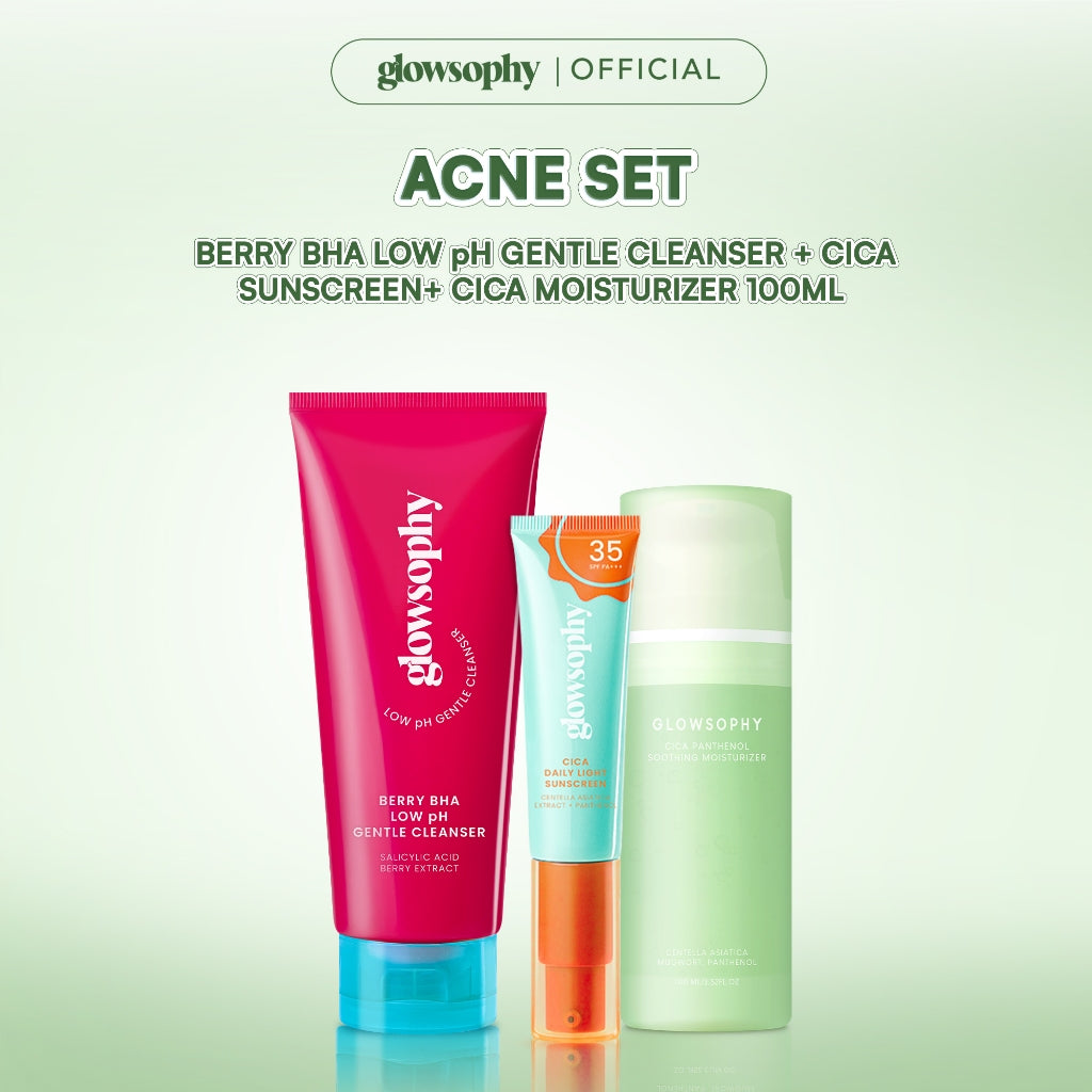 Glowsophy Bundle 5in1 Acne Series Cica Pathenol Moisturizer 100ml + Cica Daily Light Sunscreen + Berry BHA Gentle Cleanser + Watermelon Clay Stick + Pineapple Serum